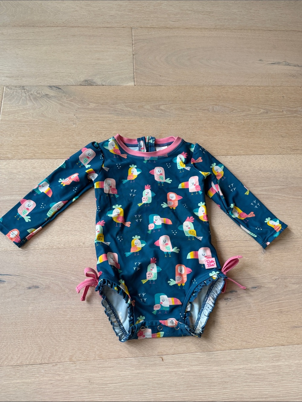 Ruffle butts Long Sleeve One-Piece Swimsuit rash guard Colorful Bird Print 12-18